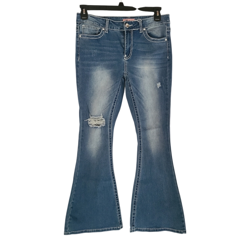 True Luck Distressed Bell Bottom Jeans Rhinestone Pocket Blue Denim Size 11/12